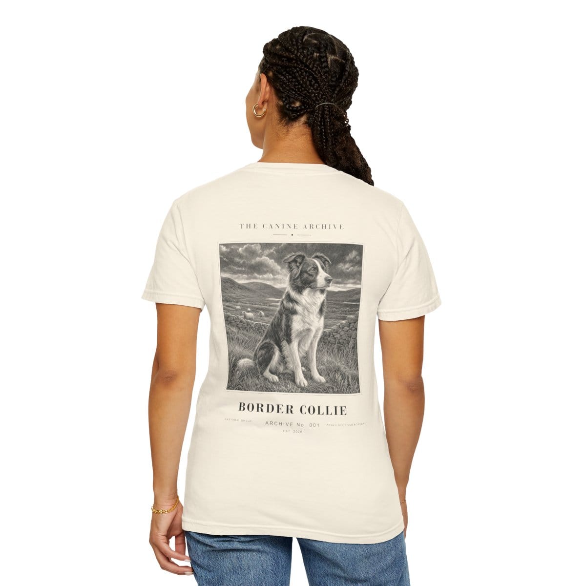Printify model wearing the Border Collie archive tee