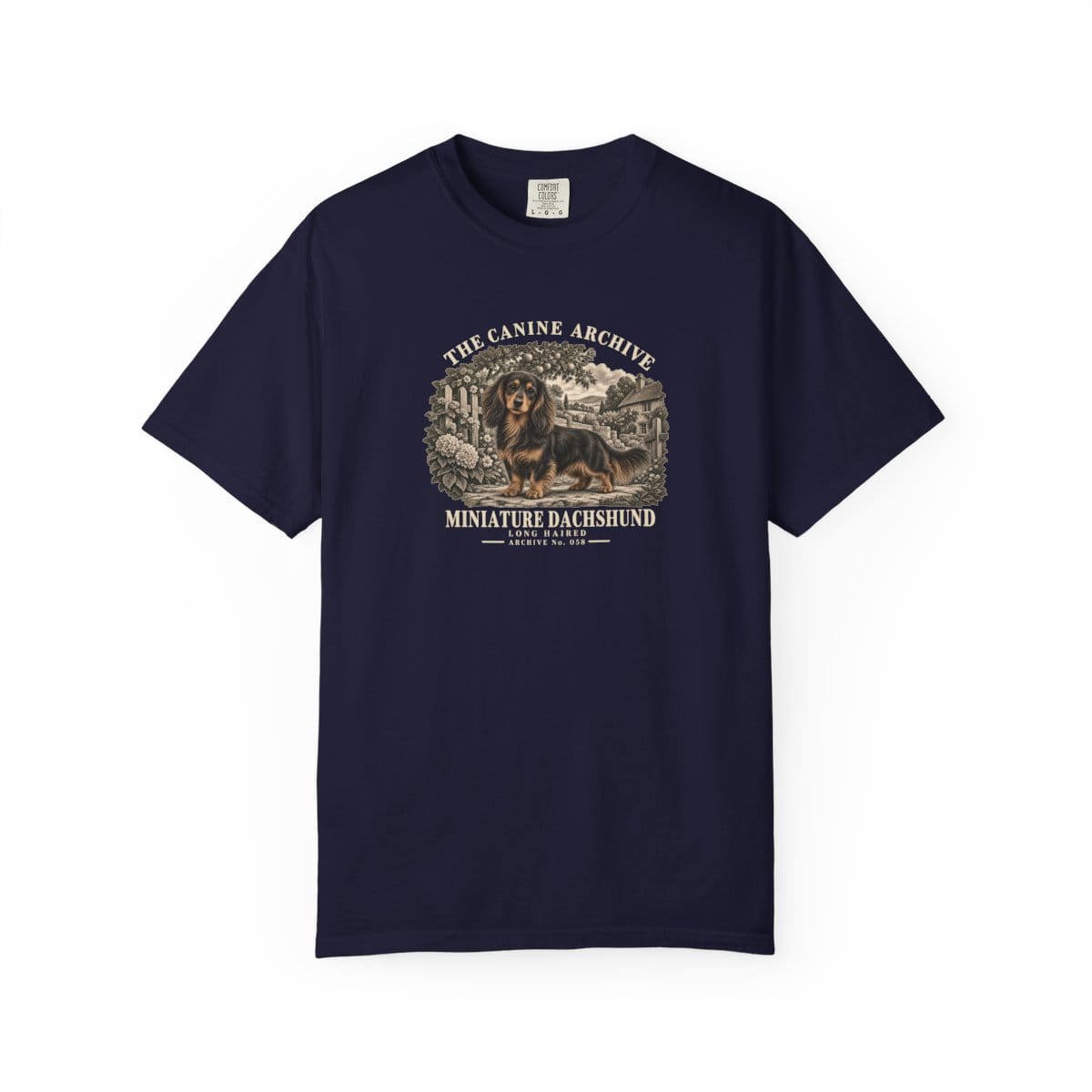Miniature Dachshund Long Haired Front Study Tee in True Navy