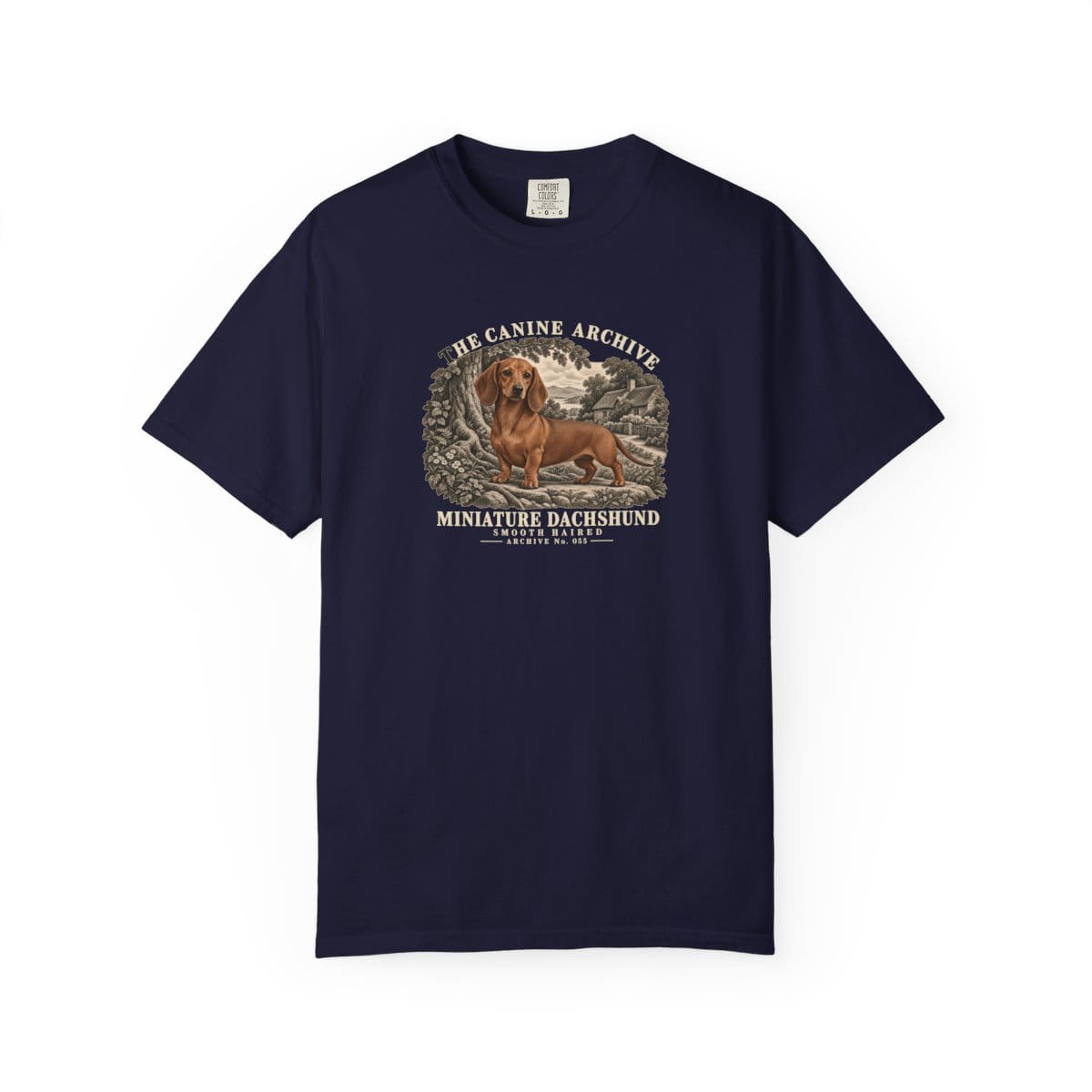 Miniature Dachshund Smooth Haired Front Study Tee in True Navy