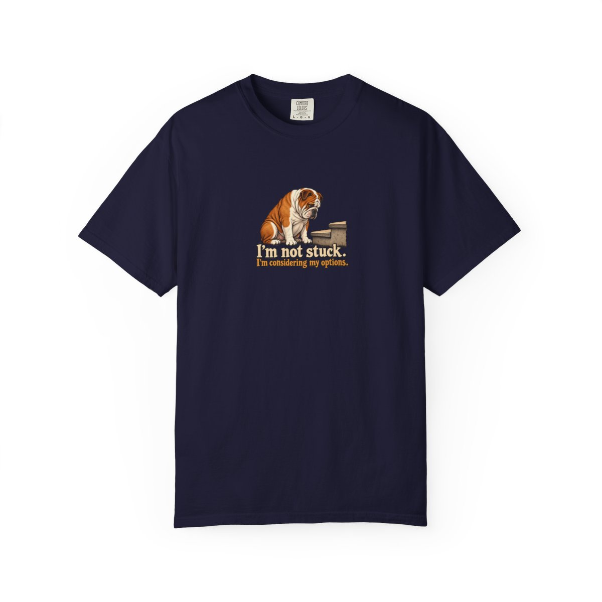 English Bulldog humorous illustration tee in True Navy