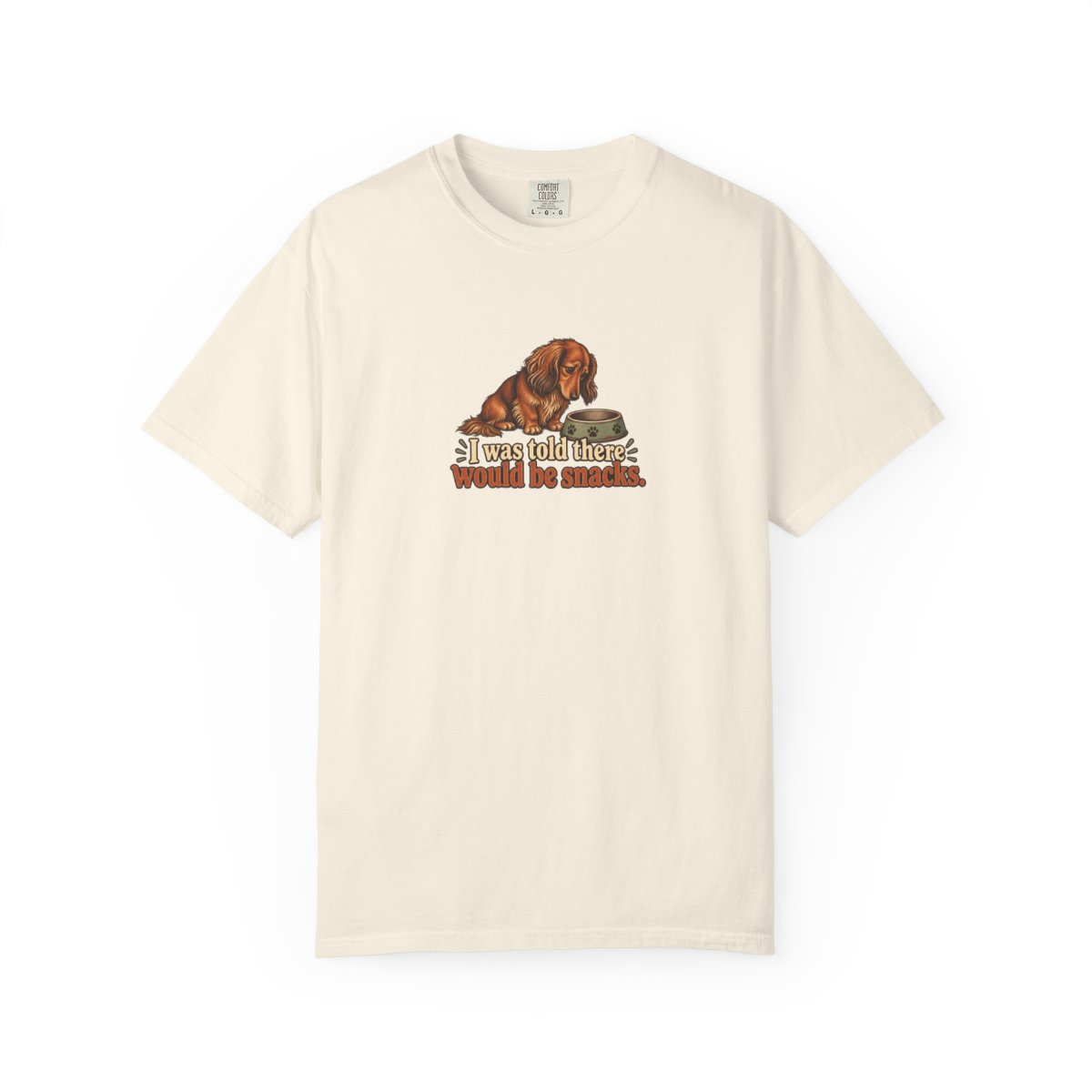 Miniature Dachshund Long Haired humorous illustration tee in Ivory