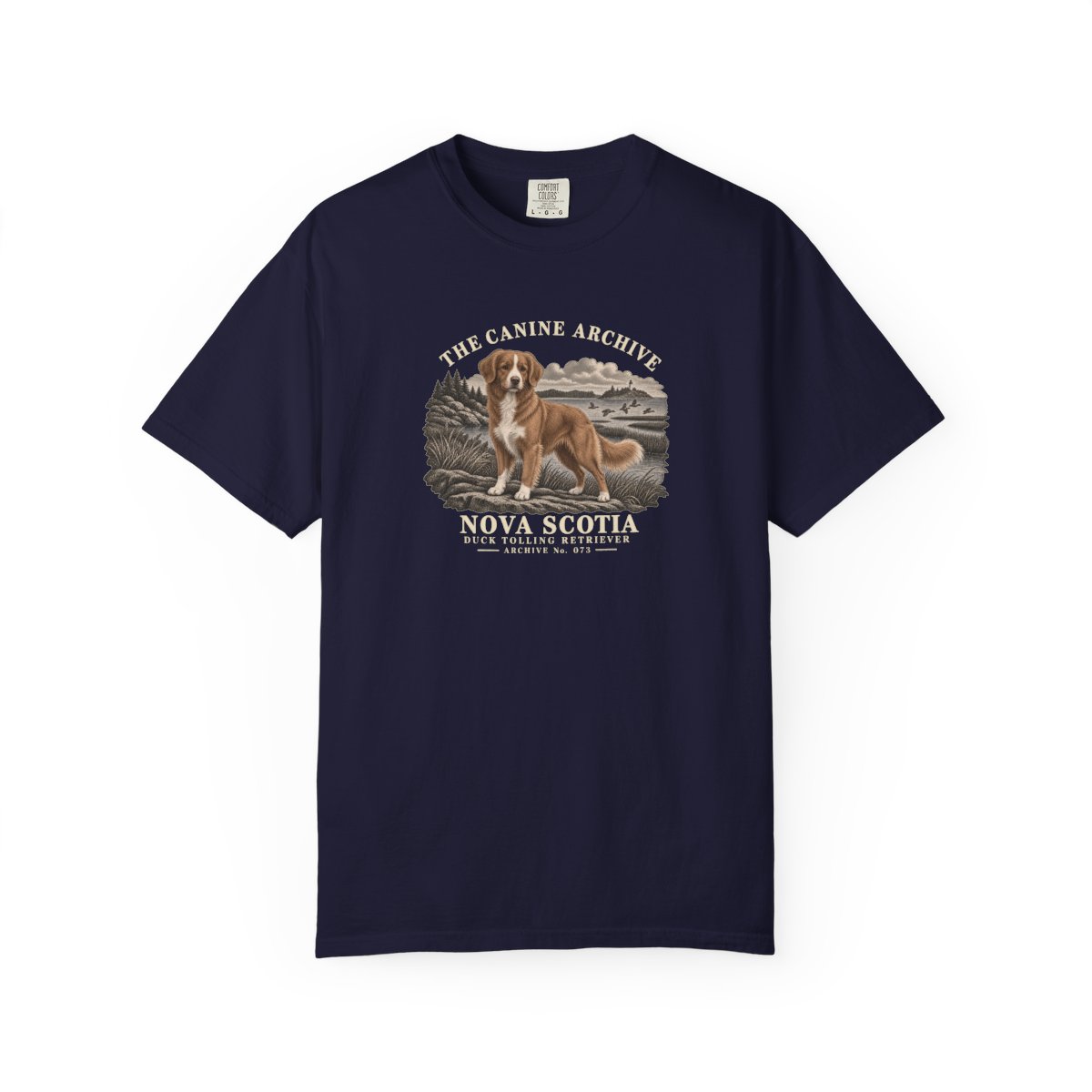 Nova Scotia Duck Tolling Retriever Front Study Tee in True Navy