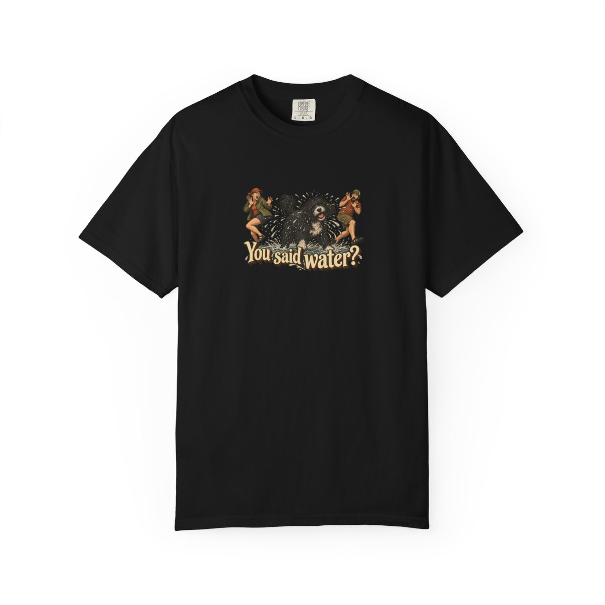 Portuguese Water Dog humorous illustration tee in Black