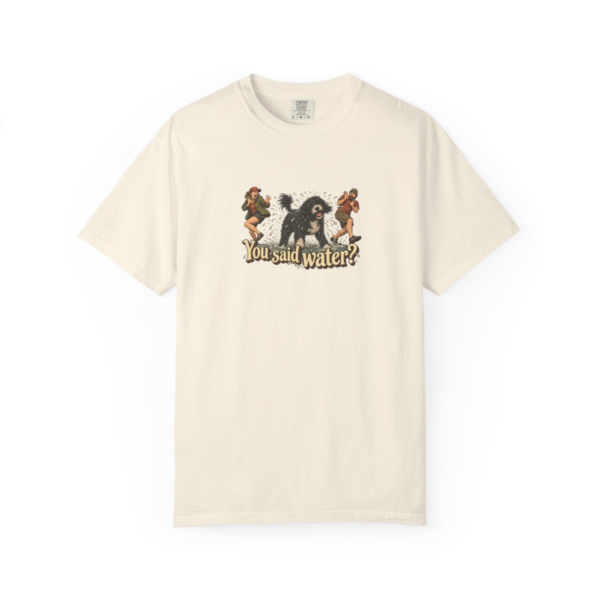 Portuguese Water Dog humorous illustration tee in Ivory