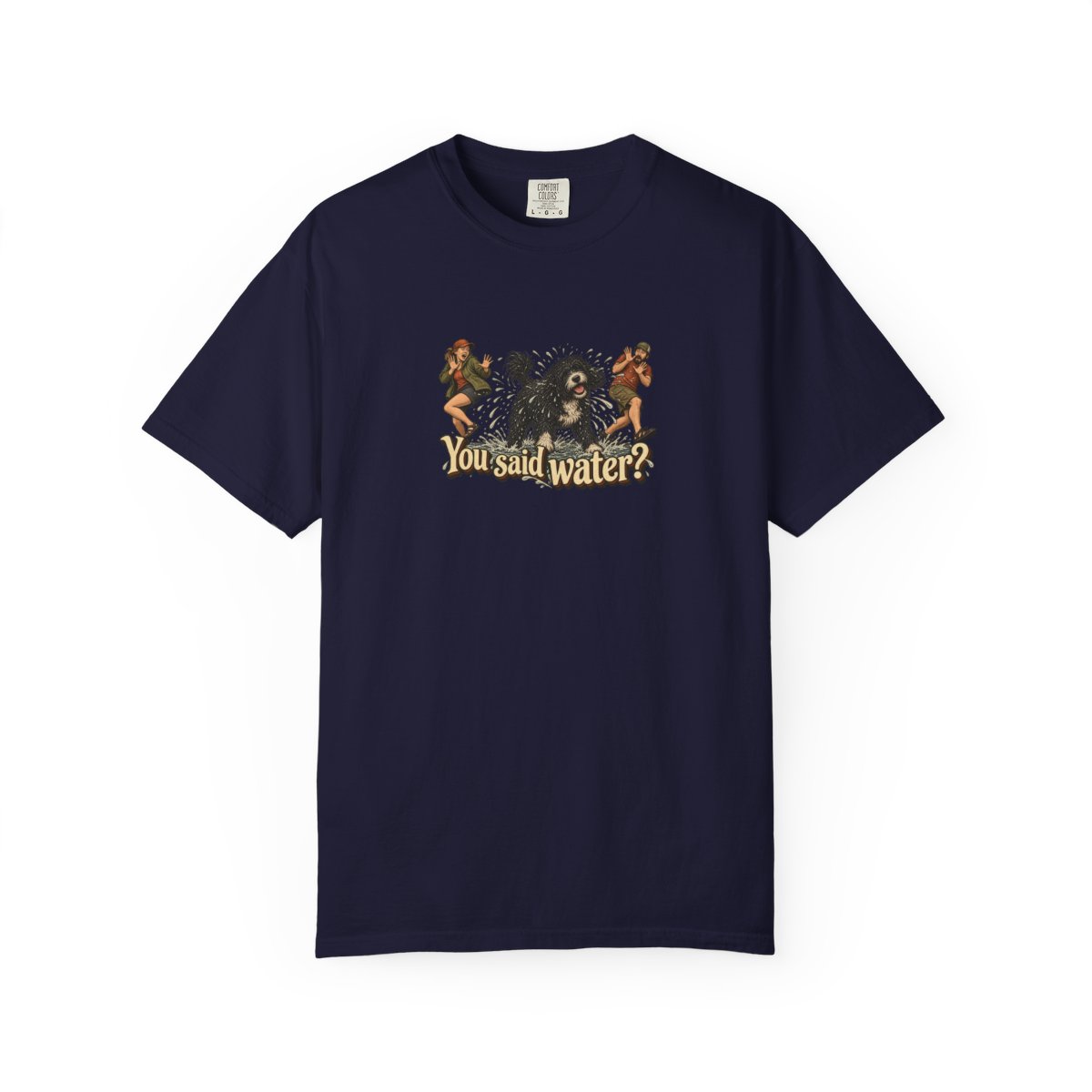Portuguese Water Dog humorous illustration tee in True Navy