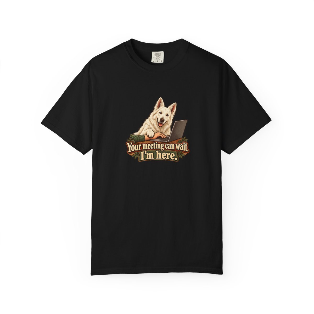 White Swiss Shepherd humorous illustration tee in Black