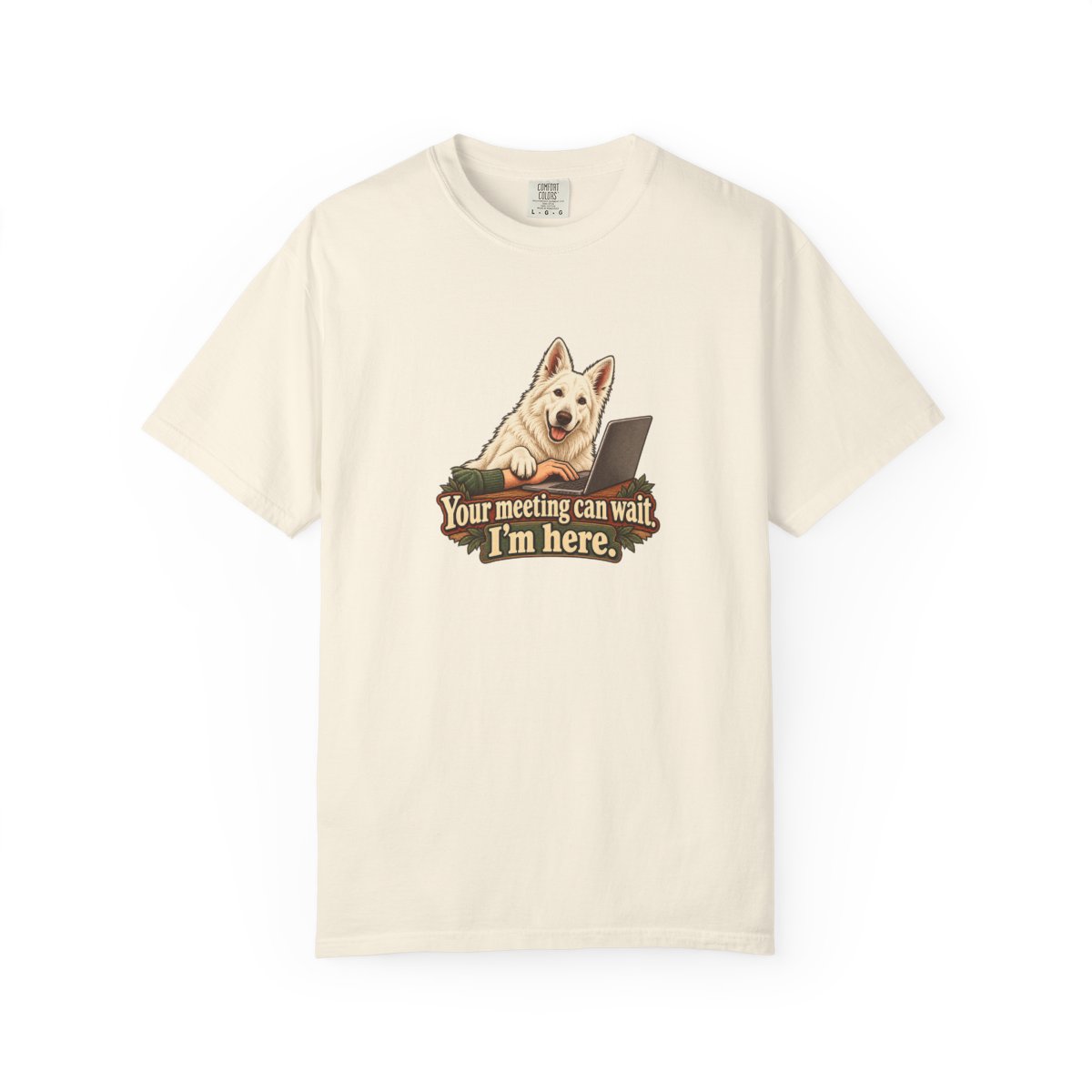 White Swiss Shepherd humorous illustration tee in Ivory