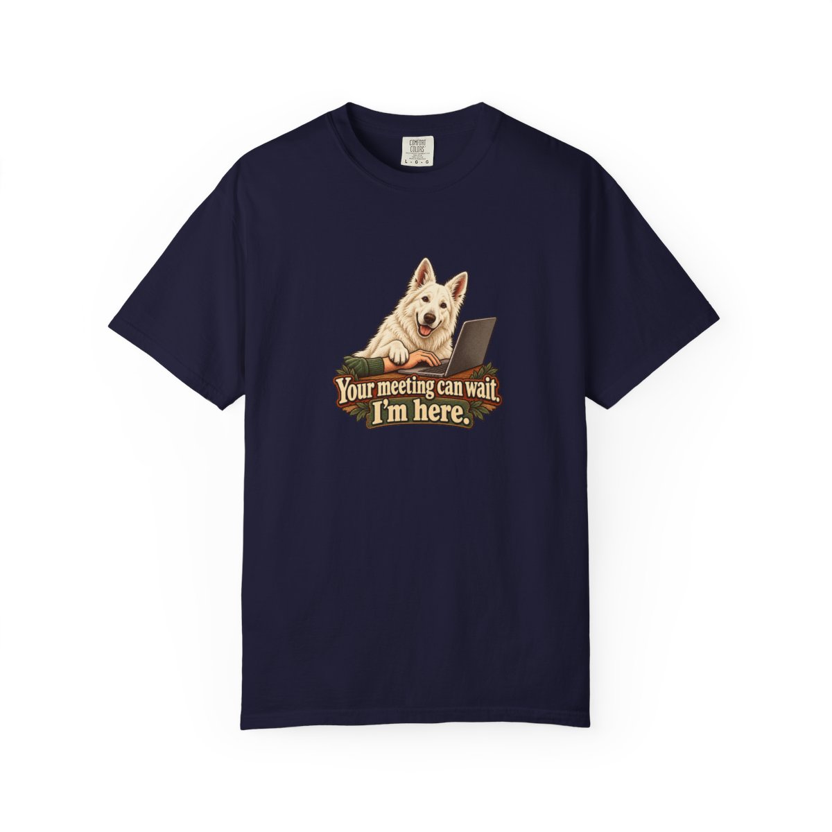 White Swiss Shepherd humorous illustration tee in True Navy